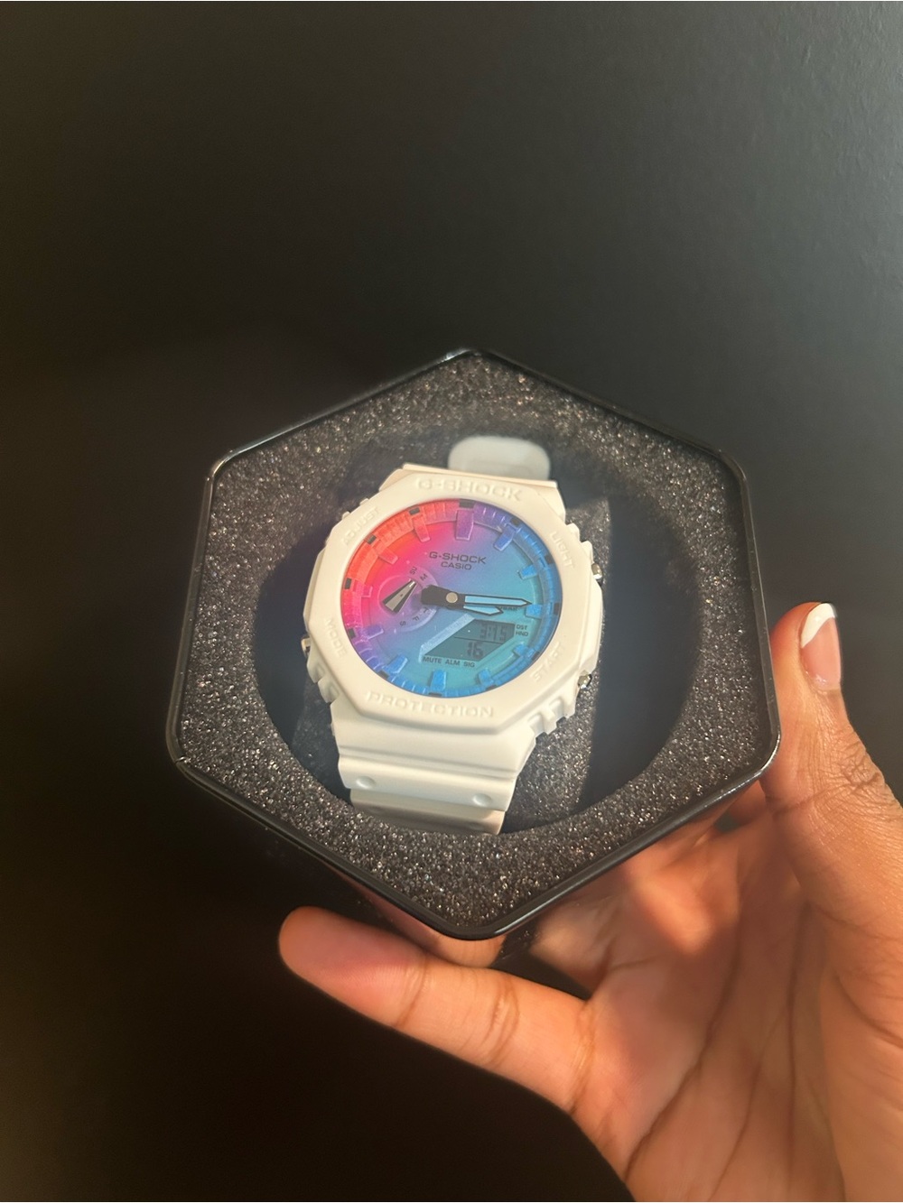 G-Shock White Resin Watch with Gradient Rainbow Dial